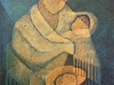 an oil painting of a woman holding a baby in her arms