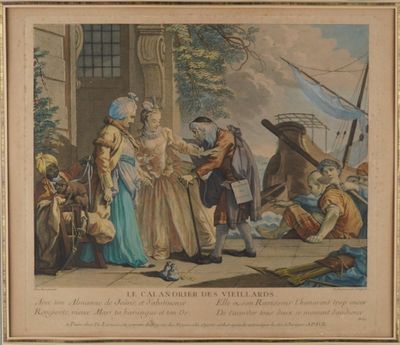 un vieux tableau représentant deux personnes debout devant un bâtiment