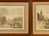 two framed paintings of a street scene with people and buildings