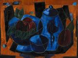 un tableau représentant un vase bleu orné de fruits