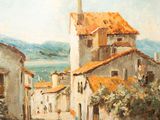 an image of a painting of a village with a woman walking down the street
