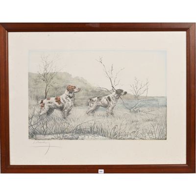 un tableau représentant deux chiens courant dans un champ, avec des arbres en arrière-plan