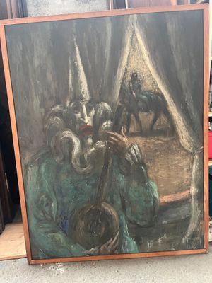 un tableau représentant un homme jouant de la trompette devant une tente