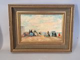 tableau représentant une scène de plage avec des personnes sur le sable et des parasols