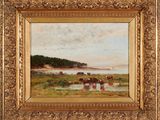une peinture à l'huile représentant un troupeau de bovins paissant dans un champ