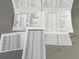 four sheets of paper sitting on top of a table next to a calculator