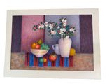 a painting of a vase of flowers and fruit on a table