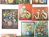 plusieurs tableaux représentant des personnes assises sur un banc, avec des fleurs dans un vase