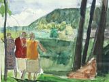 tableau représentant un groupe de personnes debout dans une forêt près d'un lac