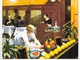 un tableau représentant une femme assise à une table dans un restaurant