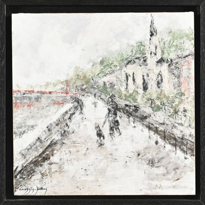 une peinture à l'huile représentant une rue de la ville avec des passants marchant dans la neige