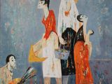 painting of a group of people with umbrellas on a beach