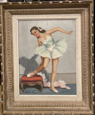 tableau représentant une femme en robe de ballerine en train de nettoyer ses chaussures