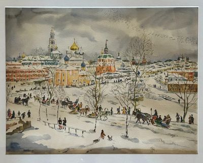 tableau représentant une scène hivernale d'une ville avec des personnages et des bâtiments