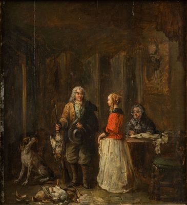 an old painting of a man and a woman standing in a room with a dog