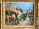 an oil painting of a street scene with a house and a mailbox