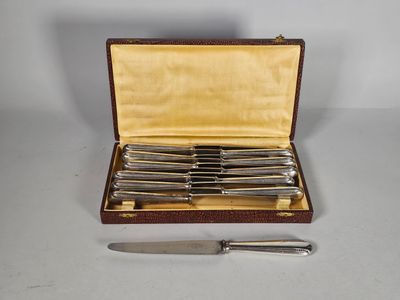 une photo d'un ensemble de six couteaux plaqués argent dans un étui