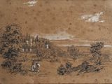 dessin représentant un paysage avec un homme et un chien au premier plan et un château au loin