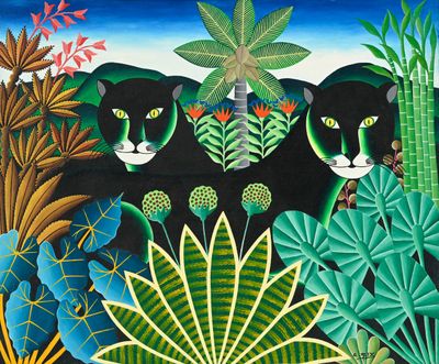 une image représentant un tableau où l'on voit deux chats noirs dans la jungle
