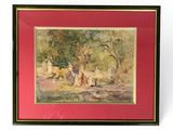 painting of a group of people in a wooded area with trees