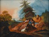 tableau représentant un homme et une femme assis sur un rocher avec un chien, au bord d'un lac