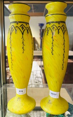 deux vases jaunes exposés dans une vitrine
