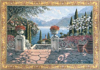painting of a garden with flowers and a bicycle by the water