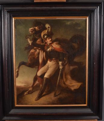 an oil painting of a man holding a horse on a easel