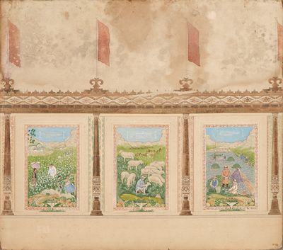 une image représentant un dessin d'une pièce avec quatre tableaux accrochés au mur