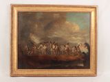 an oil painting of a group of men riding horses in a field