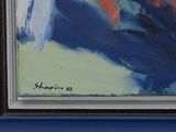 an oil painting of a blue and red abstract painting on a blue wall