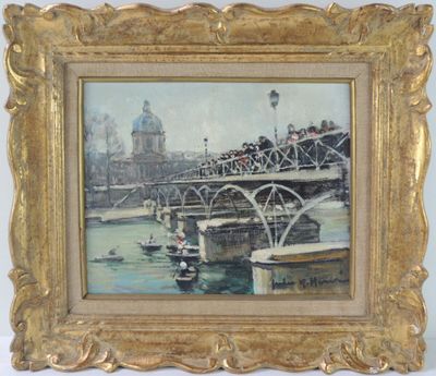 l'image d'une peinture représentant un pont au-dessus d'une étendue d'eau
