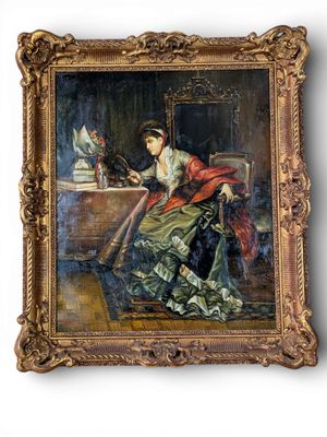 " Jeune Femme assise avec son face à main " Huile sur pannea…