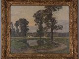 une image d'un tableau représentant un paysage avec des arbres au premier plan