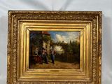 un vieux tableau représentant un homme et une femme assis sur un banc