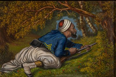 a painting of a man kneeling on the ground with a rifle