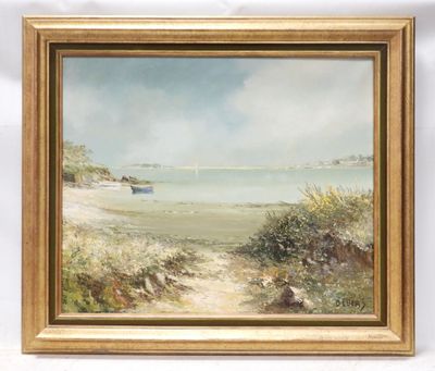 a painting of a beach scene with a boat on the water