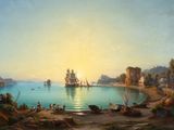 une image d'un tableau représentant un coucher de soleil sur une étendue d'eau