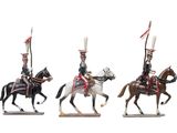 three figurines of men in uniforms riding horses and holding flags