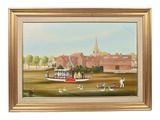painting of a boat on a river with a town in the background
