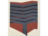 une peinture représentant un morceau de papier rayé de rouge, de bleu et de noir