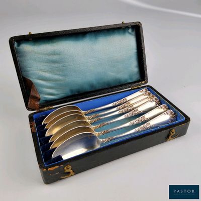 des couverts dans un coffret noir doublé de velours bleu, sur un fond blanc
