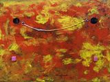 yellow and red painting with a smiley face on a red background