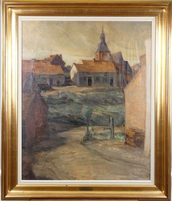 l'image d'un tableau représentant un village avec une église à l'arrière-plan