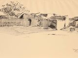 dessin représentant un village avec un arbre et une clôture au premier plan