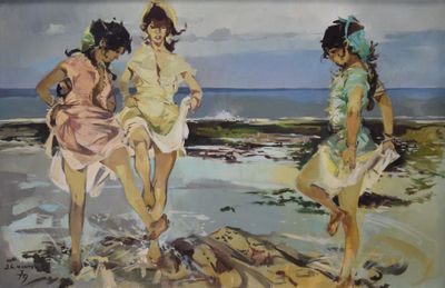 a painting of three women on the beach by the water