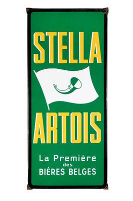 a green and white sign with a flag on it that says stella artois