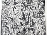 black and white drawing of a bunch of drawings on a wall