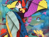 une image représentant un tableau d'un oiseau coloré sur fond bleu