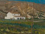 une peinture à l'huile représentant une maison blanche dans un champ, avec une montagne en arrière-plan